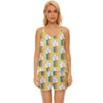 Smile Cloud Rainbow Pattern Yellow V-Neck Satin Pajamas Set