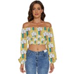 Smile Cloud Rainbow Pattern Yellow Long Sleeve Crinkled Weave Crop Top