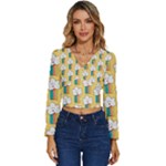 Smile Cloud Rainbow Pattern Yellow Long Sleeve V-Neck Top