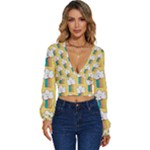 Smile Cloud Rainbow Pattern Yellow Long Sleeve Deep-V Velour Top
