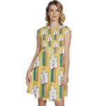 Smile Cloud Rainbow Pattern Yellow Cap Sleeve High Waist Dress