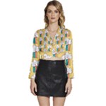 Smile Cloud Rainbow Pattern Yellow Long Sleeve Tie Back Satin Wrap Top