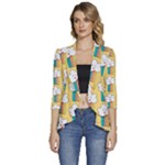 Smile Cloud Rainbow Pattern Yellow Women s 3/4 Sleeve Ruffle Edge Open Front Jacket