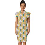 Smile Cloud Rainbow Pattern Yellow Vintage Frill Sleeve V-Neck Bodycon Dress
