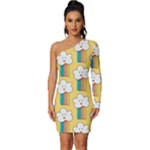 Smile Cloud Rainbow Pattern Yellow Long Sleeve One Shoulder Mini Dress