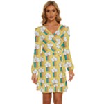 Smile Cloud Rainbow Pattern Yellow Long Sleeve Waist Tie Ruffle Velvet Dress