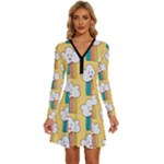 Smile Cloud Rainbow Pattern Yellow Long Sleeve Deep V Mini Dress 