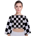 Chess Board Background Design Tie Back Butterfly Sleeve Chiffon Top