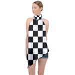 Chess Board Background Design Halter Asymmetric Satin Top