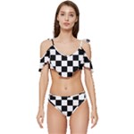 Chess Board Background Design Ruffle Edge Tie Up Bikini Set	
