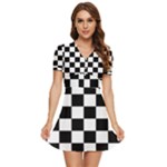 Chess Board Background Design V-Neck High Waist Chiffon Mini Dress