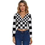 Chess Board Background Design Long Sleeve V-Neck Top
