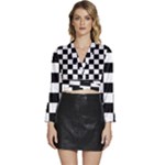Chess Board Background Design Long Sleeve Tie Back Satin Wrap Top