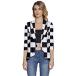 Chess Board Background Design Women s 3/4 Sleeve Ruffle Edge Open Front Jacket