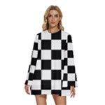 Chess Board Background Design Round Neck Long Sleeve Bohemian Style Chiffon Mini Dress