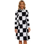Chess Board Background Design Long Sleeve Shirt Collar A-Line Dress