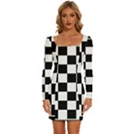 Chess Board Background Design Long Sleeve Square Neck Bodycon Velvet Dress