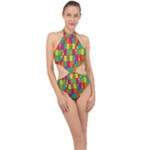 Abstract-background Halter Side Cut Swimsuit