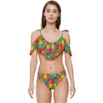 Abstract-background Ruffle Edge Tie Up Bikini Set	