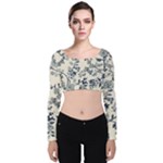 Blue Vintage Background, Blue Roses Patterns Velvet Long Sleeve Crop Top