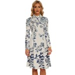 Blue Vintage Background, Blue Roses Patterns Long Sleeve Shirt Collar A-Line Dress