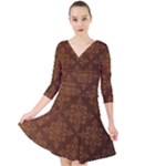 Brown Floral Pattern Floral Vintage Pattern, Brown Vintage Quarter Sleeve Front Wrap Dress