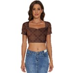 Brown Floral Pattern Floral Vintage Pattern, Brown Vintage Short Sleeve Square Neckline Crop Top 