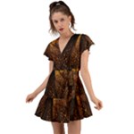 Gold, Golden Background Flutter Sleeve Wrap Dress