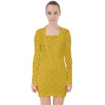 Yellow Floral Pattern Vintage Pattern, Yellow Background V-neck Bodycon Long Sleeve Dress