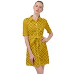 Yellow Floral Pattern Vintage Pattern, Yellow Background Belted Shirt Dress