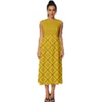 Yellow Floral Pattern Vintage Pattern, Yellow Background Sleeveless Round Neck Midi Dress