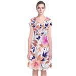 Abstract Floral Background Short Sleeve Front Wrap Dress