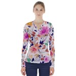 Abstract Floral Background V-Neck Long Sleeve Top
