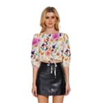 Abstract Floral Background Mid Sleeve Drawstring Hem Top
