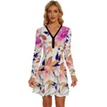 Abstract Floral Background Long Sleeve Deep V Mini Dress 