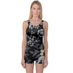 Black Background With Gray Flowers, Floral Black Texture One Piece Boyleg Swimsuit