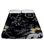 Black Background With Gray Flowers, Floral Black Texture Fitted Sheet (Queen Size)