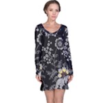 Black Background With Gray Flowers, Floral Black Texture Long Sleeve Nightdress