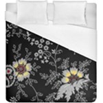 Black Background With Gray Flowers, Floral Black Texture Duvet Cover (King Size)