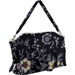 Black Background With Gray Flowers, Floral Black Texture Canvas Crossbody Bag