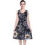 Black Background With Gray Flowers, Floral Black Texture V-Neck Midi Sleeveless Dress 