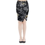 Black Background With Gray Flowers, Floral Black Texture Midi Wrap Pencil Skirt