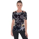 Black Background With Gray Flowers, Floral Black Texture Shoulder Cut Out Short Sleeve Top