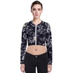 Black Background With Gray Flowers, Floral Black Texture Long Sleeve Zip Up Bomber Jacket