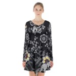 Black Background With Gray Flowers, Floral Black Texture Long Sleeve Velvet V-neck Dress