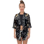 Black Background With Gray Flowers, Floral Black Texture Open Front Chiffon Kimono