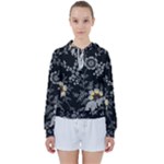 Black Background With Gray Flowers, Floral Black Texture Women s Tie Up Sweat