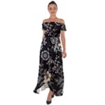 Black Background With Gray Flowers, Floral Black Texture Off Shoulder Open Front Chiffon Dress