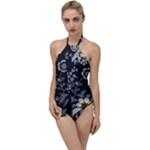 Black Background With Gray Flowers, Floral Black Texture Go with the Flow One Piece Swimsuit