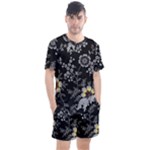 Black Background With Gray Flowers, Floral Black Texture Men s Mesh T-Shirt and Shorts Set